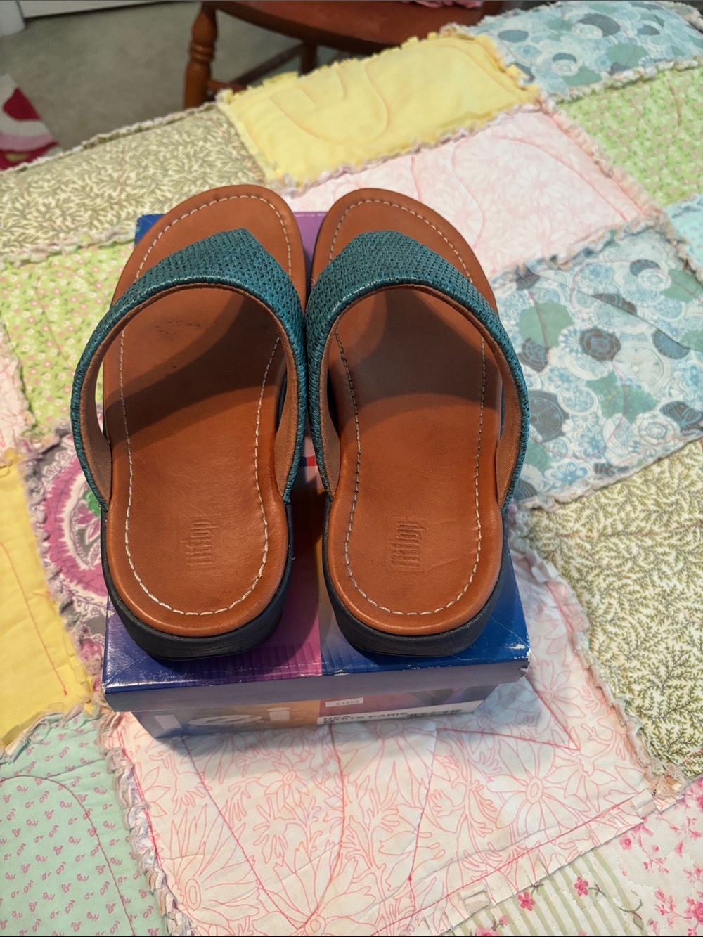 Fitflop Teal Woven Thong Sandals with Brown Footbed - Picture 2 of 7